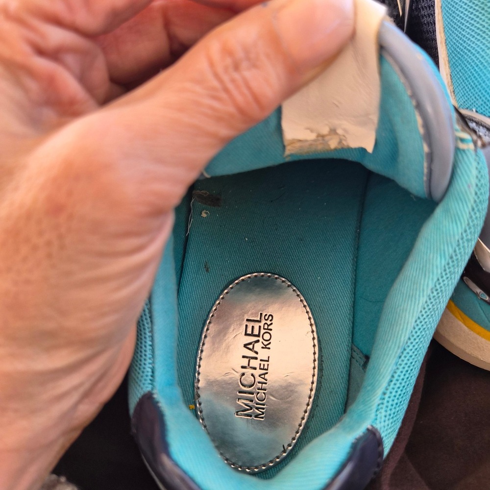 Michael Kors Maddy Sneakers Womens Blue Teal Navy Yellow Mesh Lace Up Retro - Picture 9 of 13